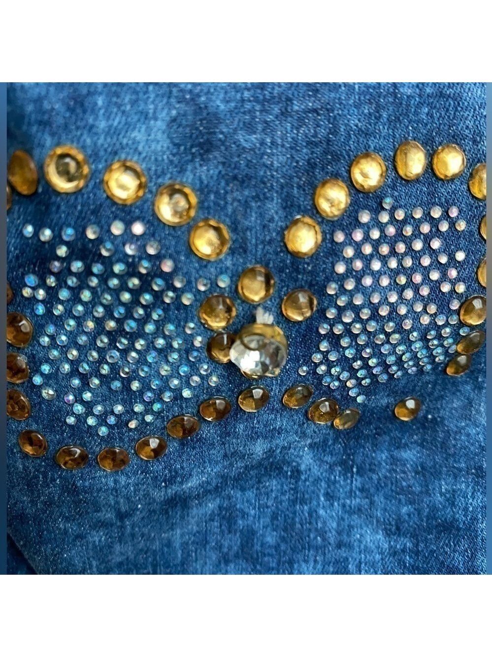 Y2k DENIM MINI DRESS EMBROIDERED BUTTERFLIES RHINESTONES MADE IN EUROPE - Picture 12 of 16